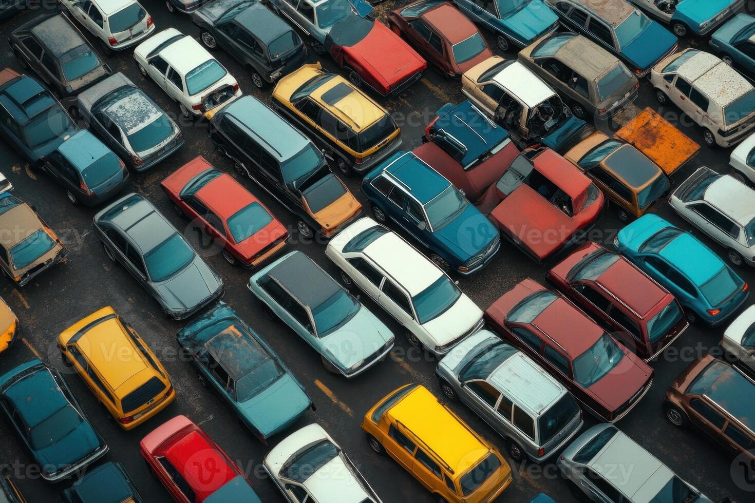 A top-down aerial view of a large parking lot filled with cars, all neatly parked in rows. photo