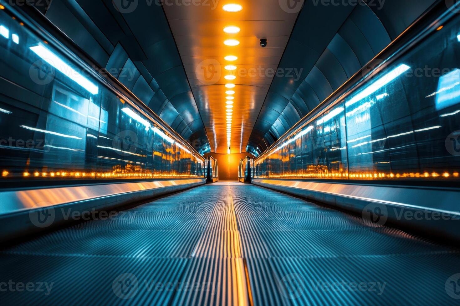 Empty futuristic tunnel with moving walkway and bright lights. photo