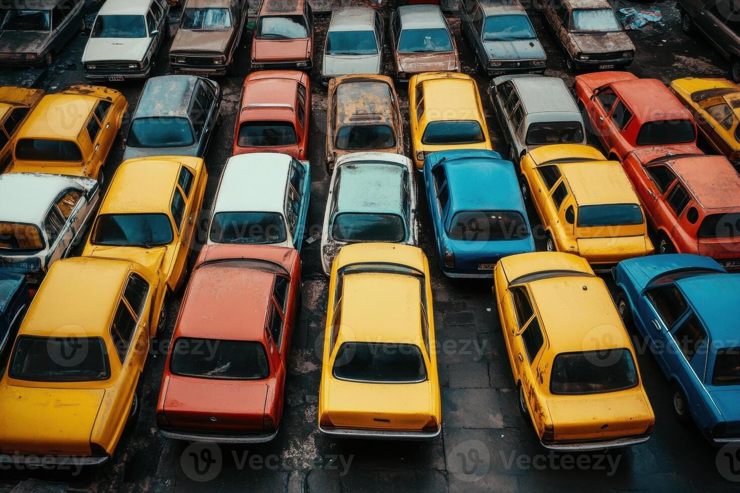 An aerial view of a junkyard with many colorful cars. photo