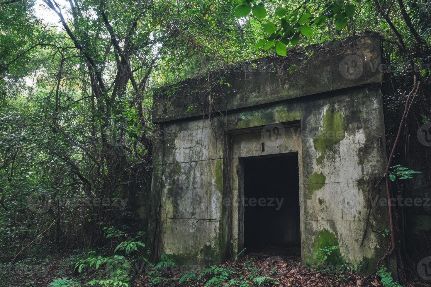 An abandoned, moss-covered structure with a doorway in a dense forest. photo