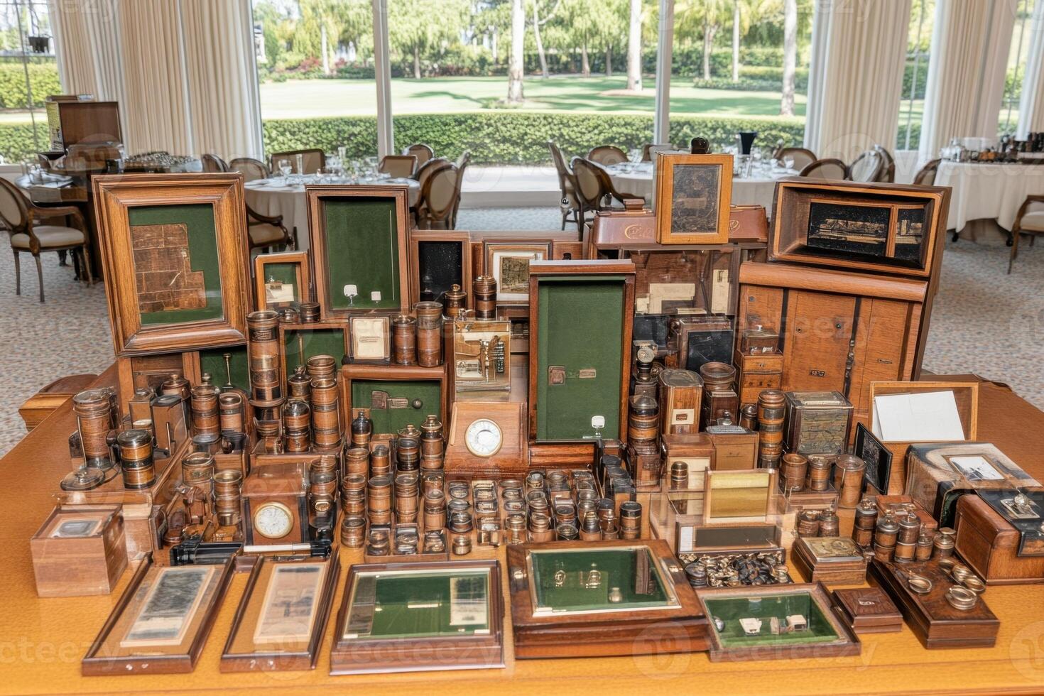 A collection of wooden boxes and frames displayed on a table. photo
