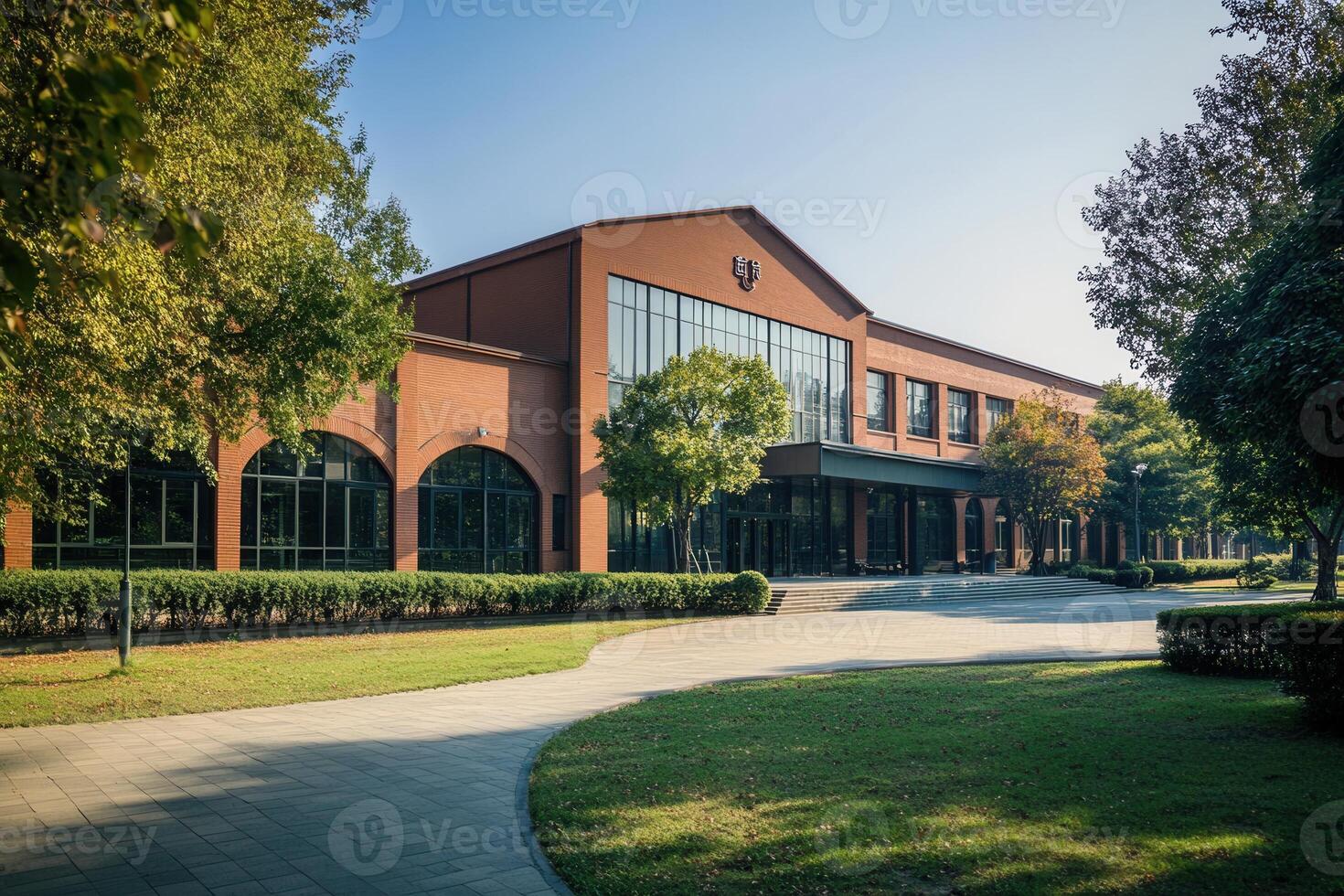 Modern brick building with large windows and a walkway leading to the entrance. photo
