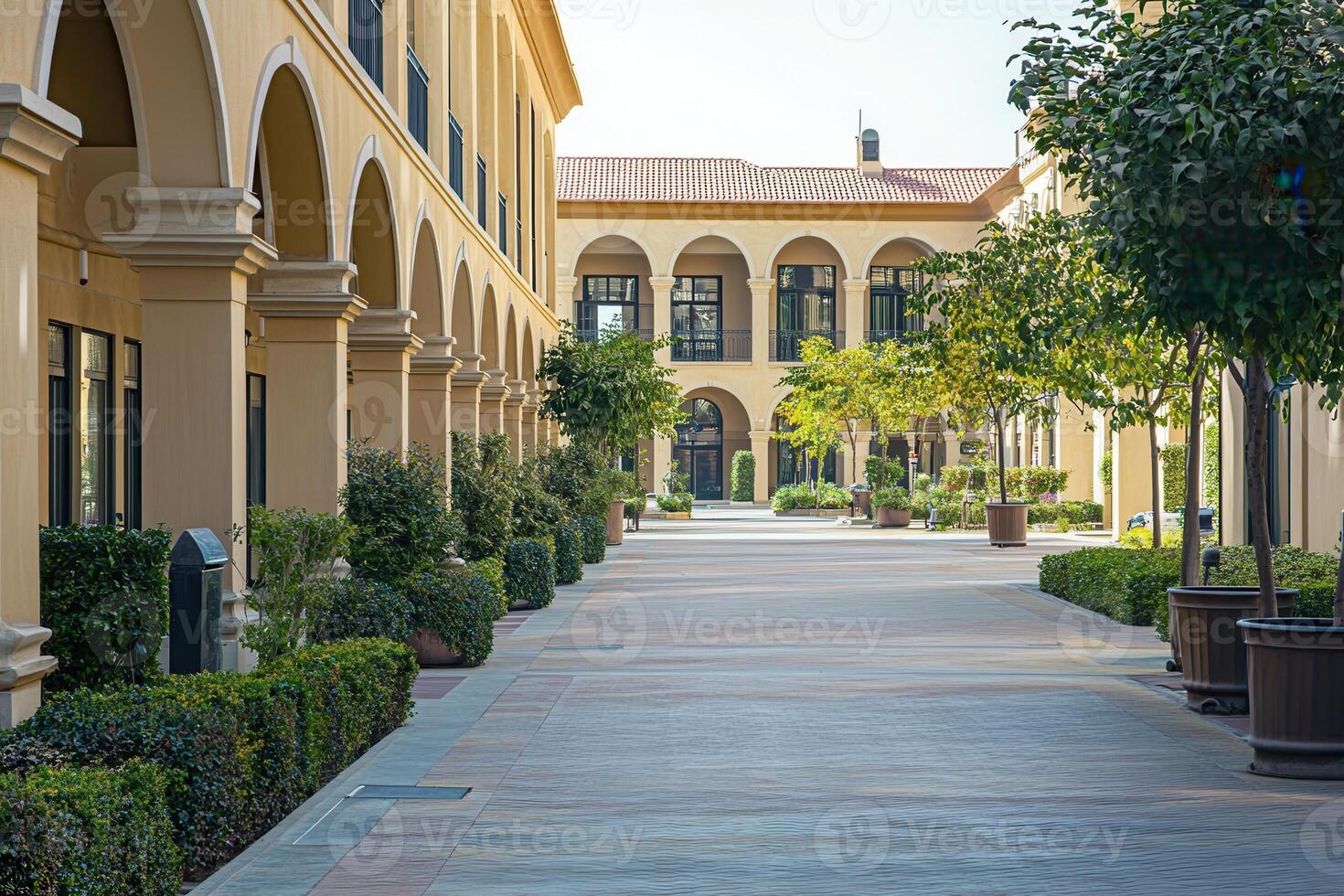 A paved walkway lined with arched buildings and greenery in a courtyard setting. photo