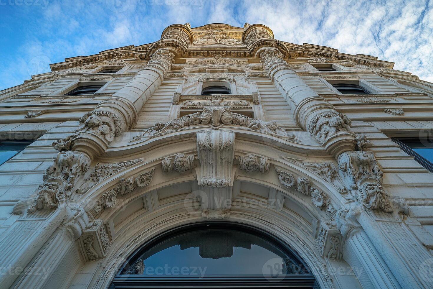 A low angle view of a historic building with intricate stonework. photo