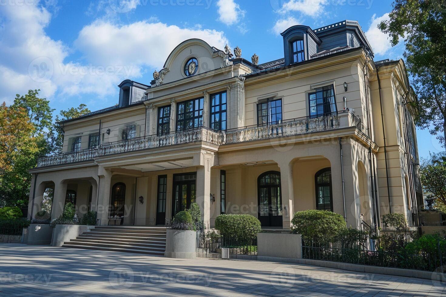 A grand, white mansion with black windows and a long driveway. photo