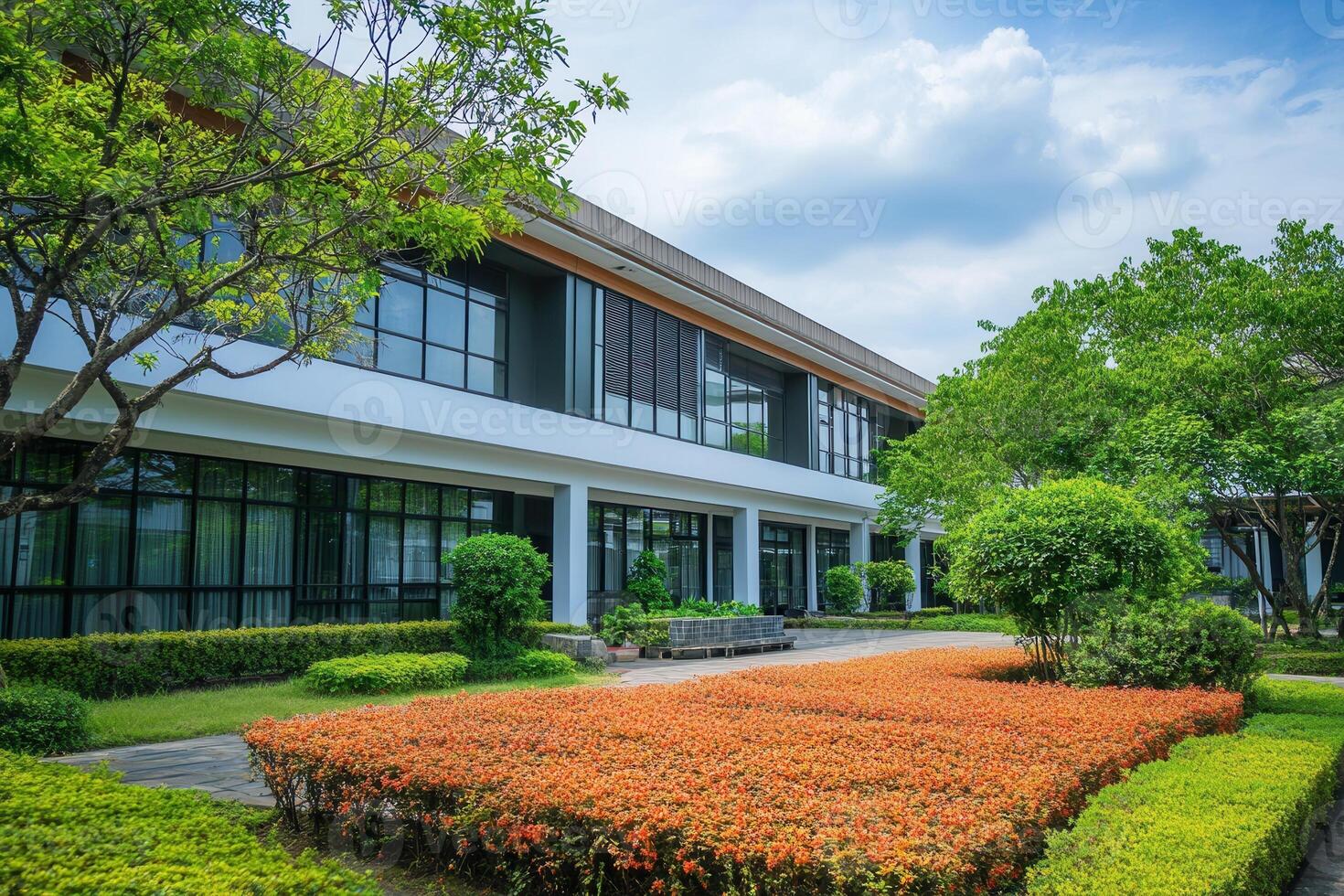 Modern building with landscaped garden. photo