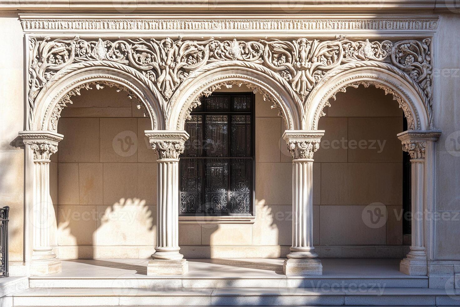Ornate stone arches and columns on a building facade. photo
