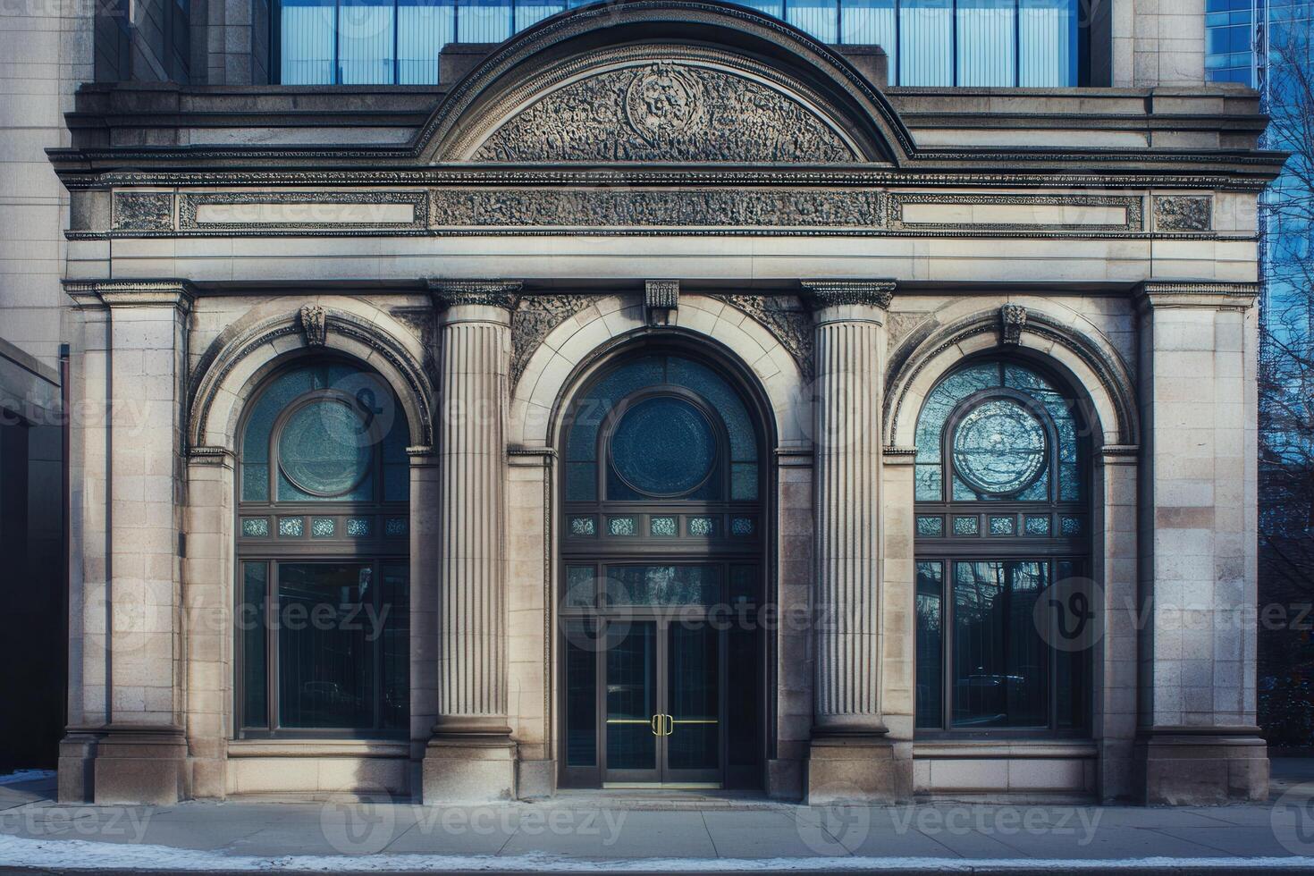 Ornate stone entrance to a modern building. photo