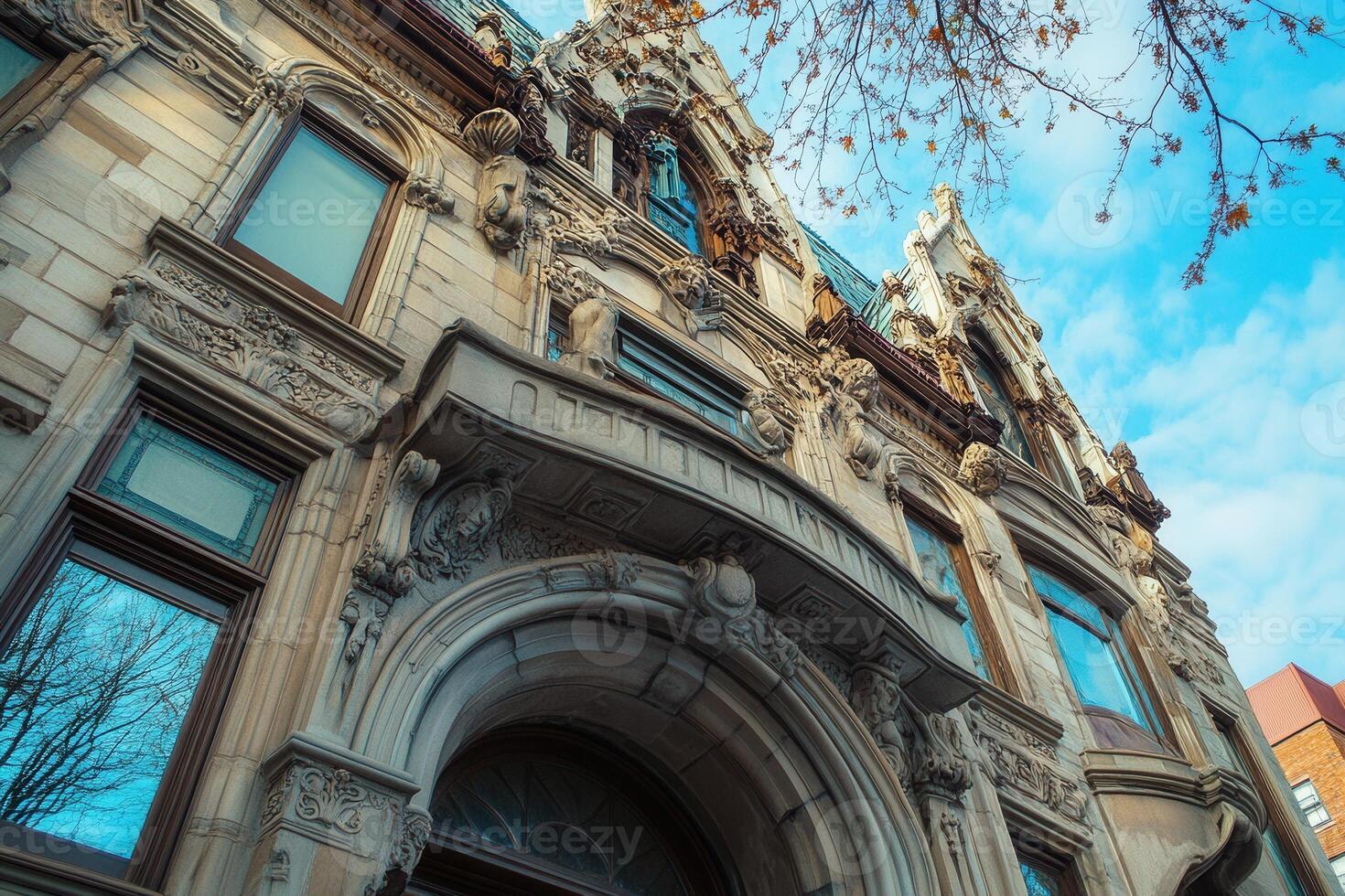 Ornate stone facade of a historic building with gargoyles and arches. photo