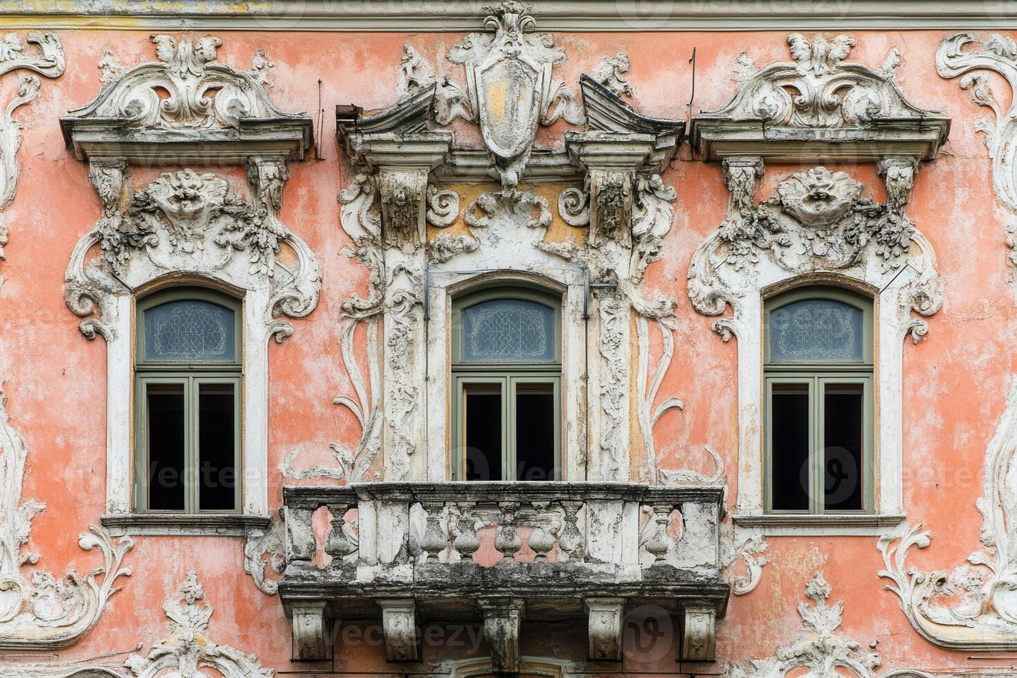 Ornate windows and balcony on a pink building facade. photo