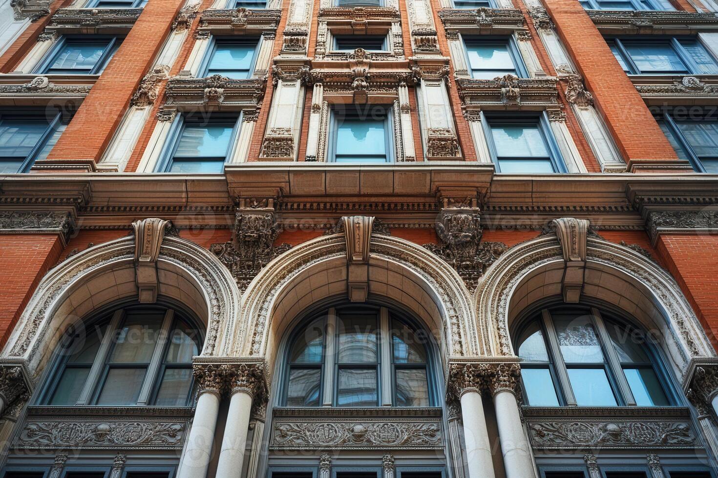 Low angle view of an ornate red brick building with arched windows. photo