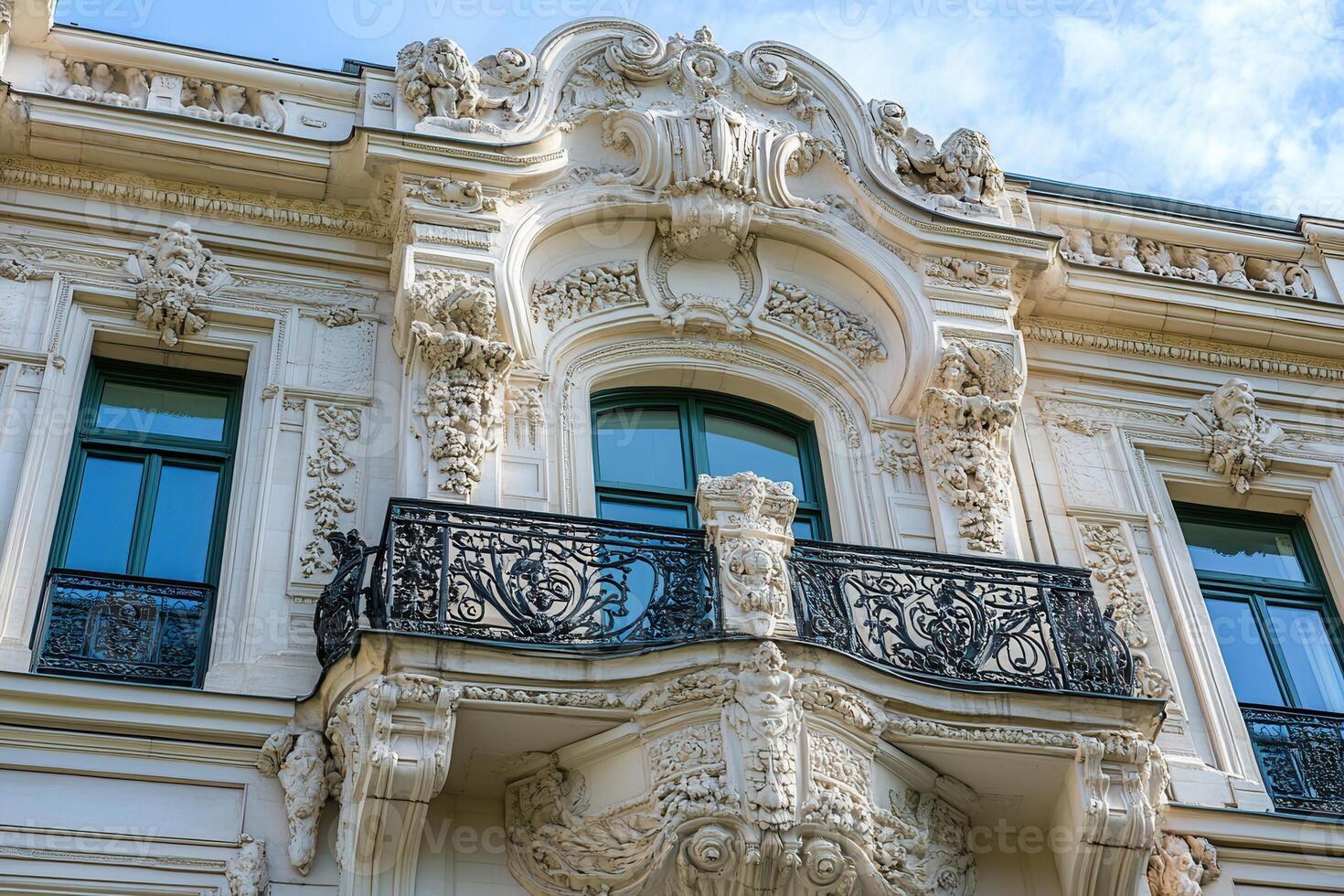 Ornate balcony with intricate stonework and wrought iron railing on a historic building. photo