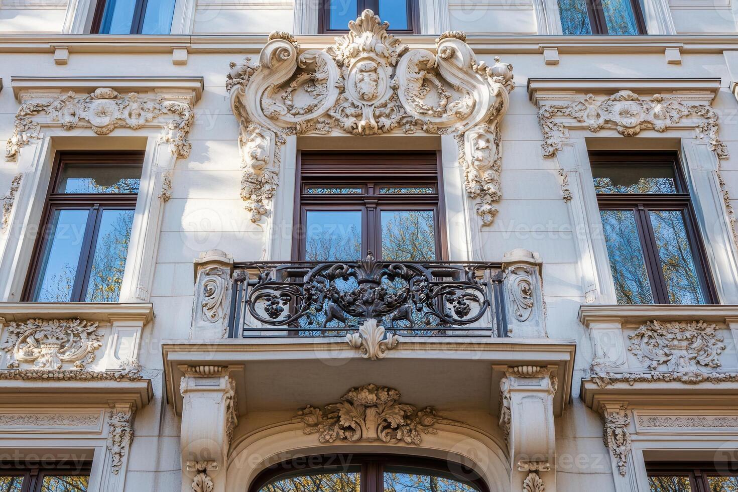 Ornate balcony with intricate carvings on a white building facade. photo