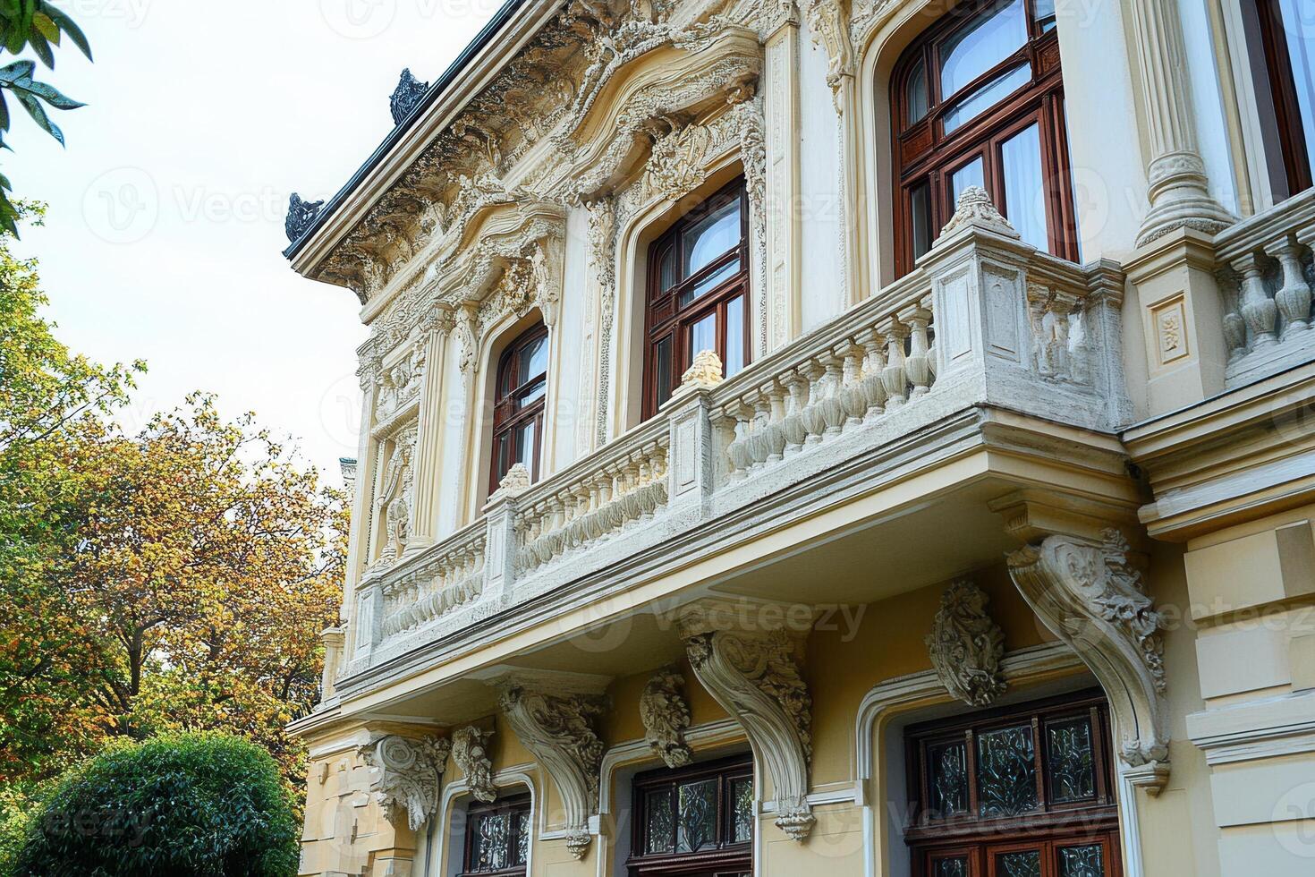 Ornate balcony with detailed carvings on a historic building. photo
