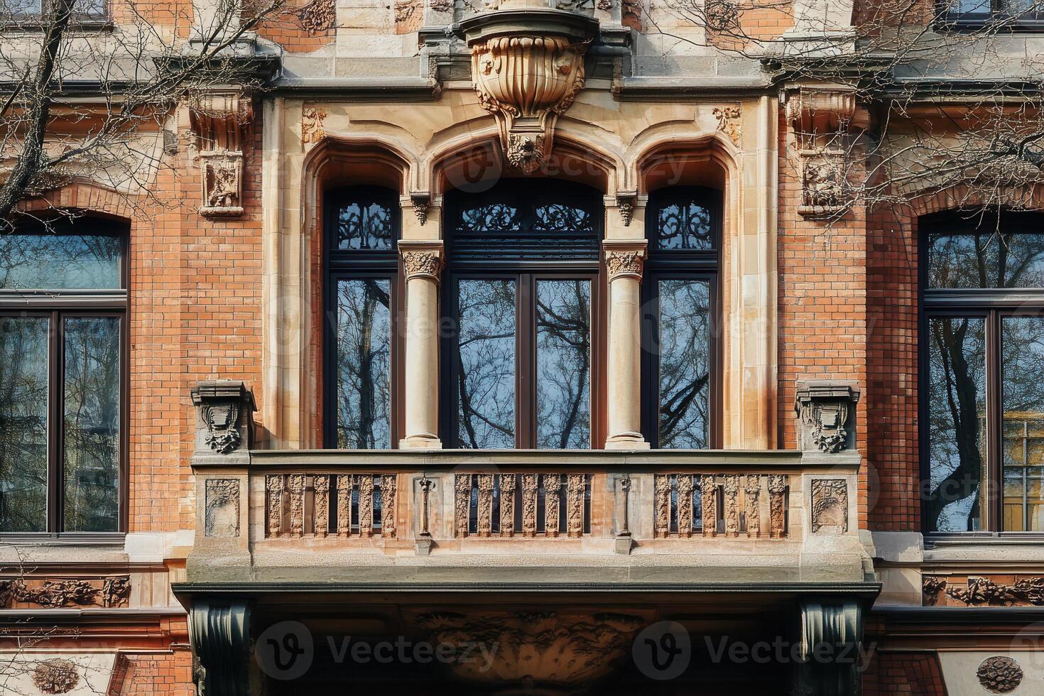 Ornate balcony with stone trim and windows on a brick building. photo