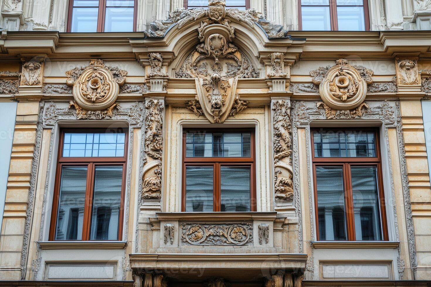 Ornate facade with three windows and intricate stone carvings. photo