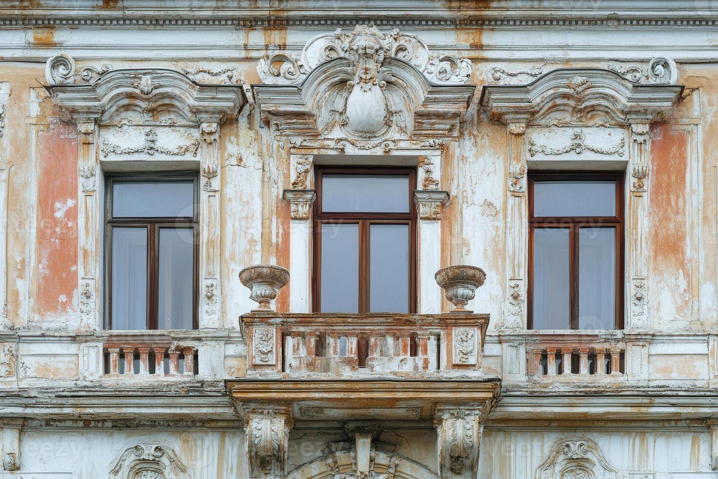 Ornate facade of an old building with three windows and a balcony. photo