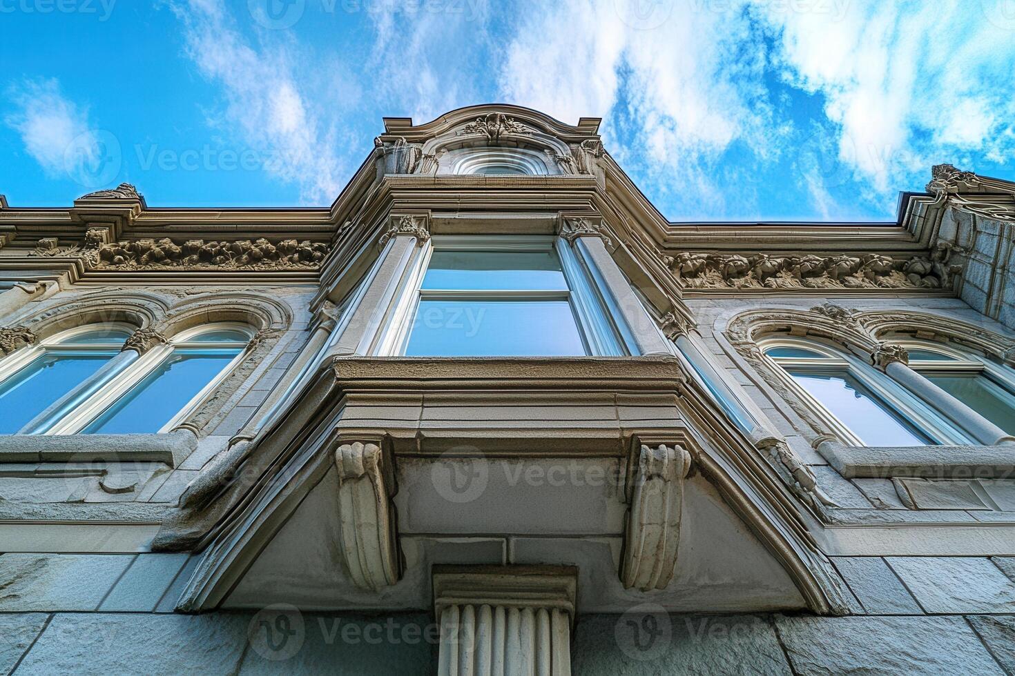 A low angle view of a large bay window on a historic building with decorative trim, viewed against a blue sky. photo