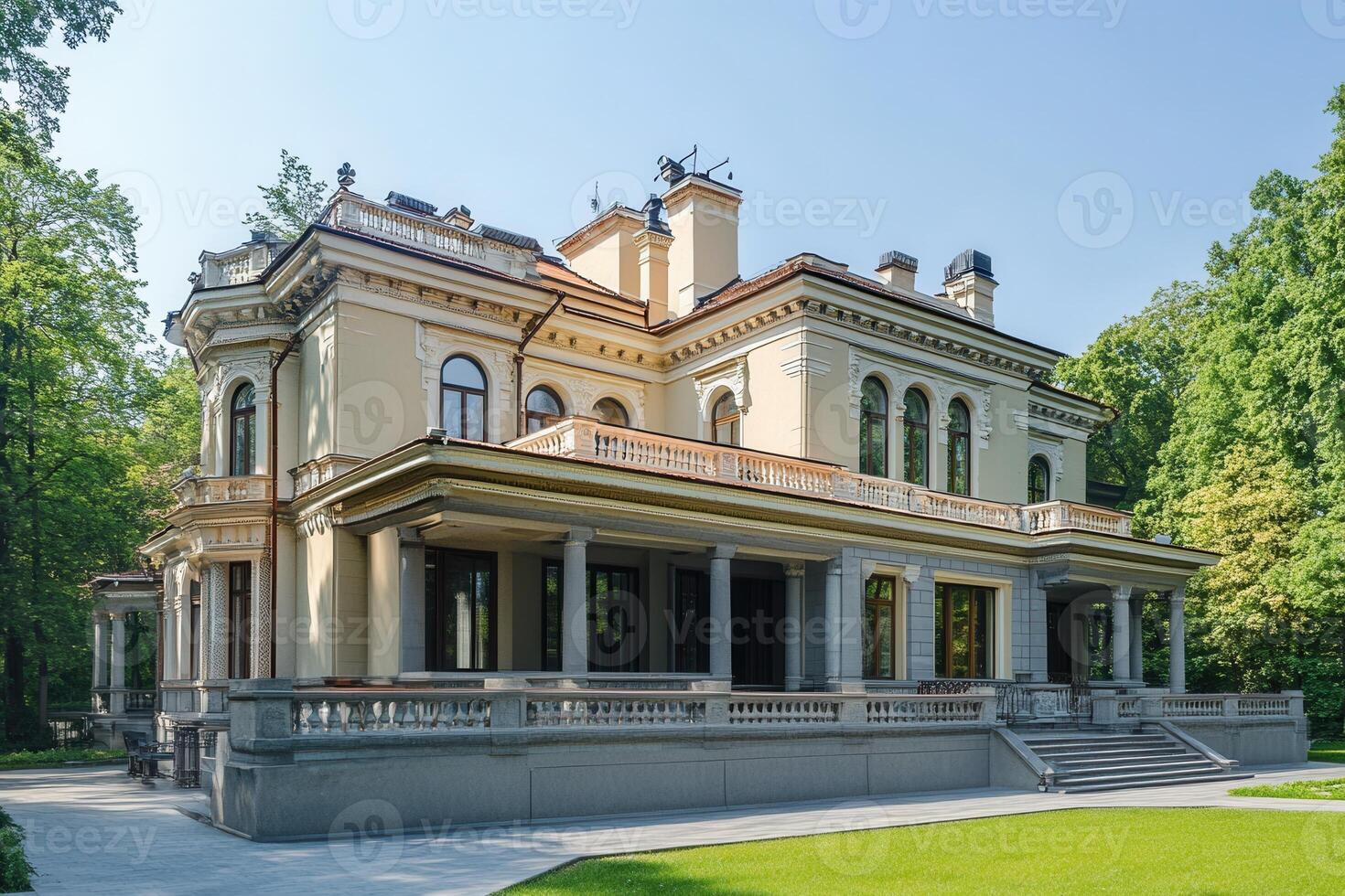 A large, yellow mansion with a long porch and a stone foundation. photo