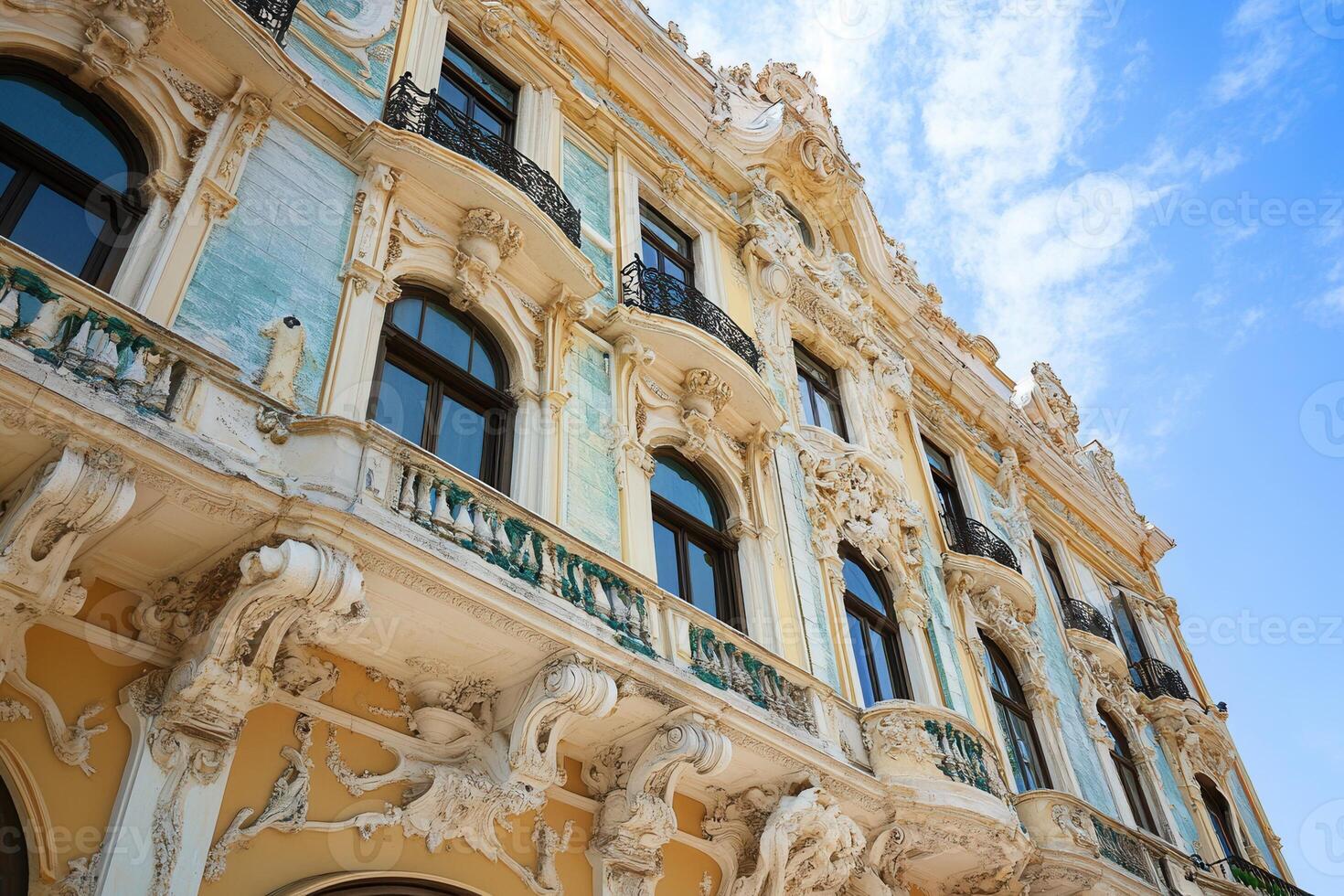 A low angle view of a historic building with intricate details and ornate balconies. photo