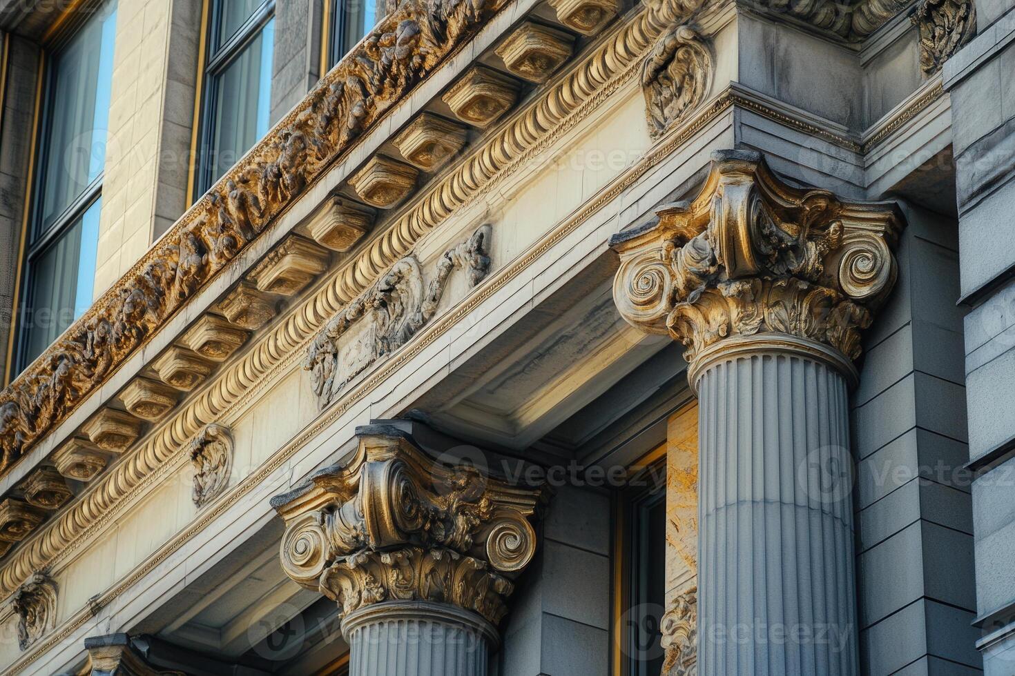 Closeup of ornate columns and cornice on a historic building. photo