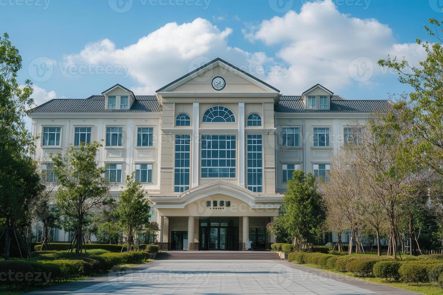A large, white building with a clock tower and a grand entrance. The building is surrounded by green trees and a paved walkway. photo
