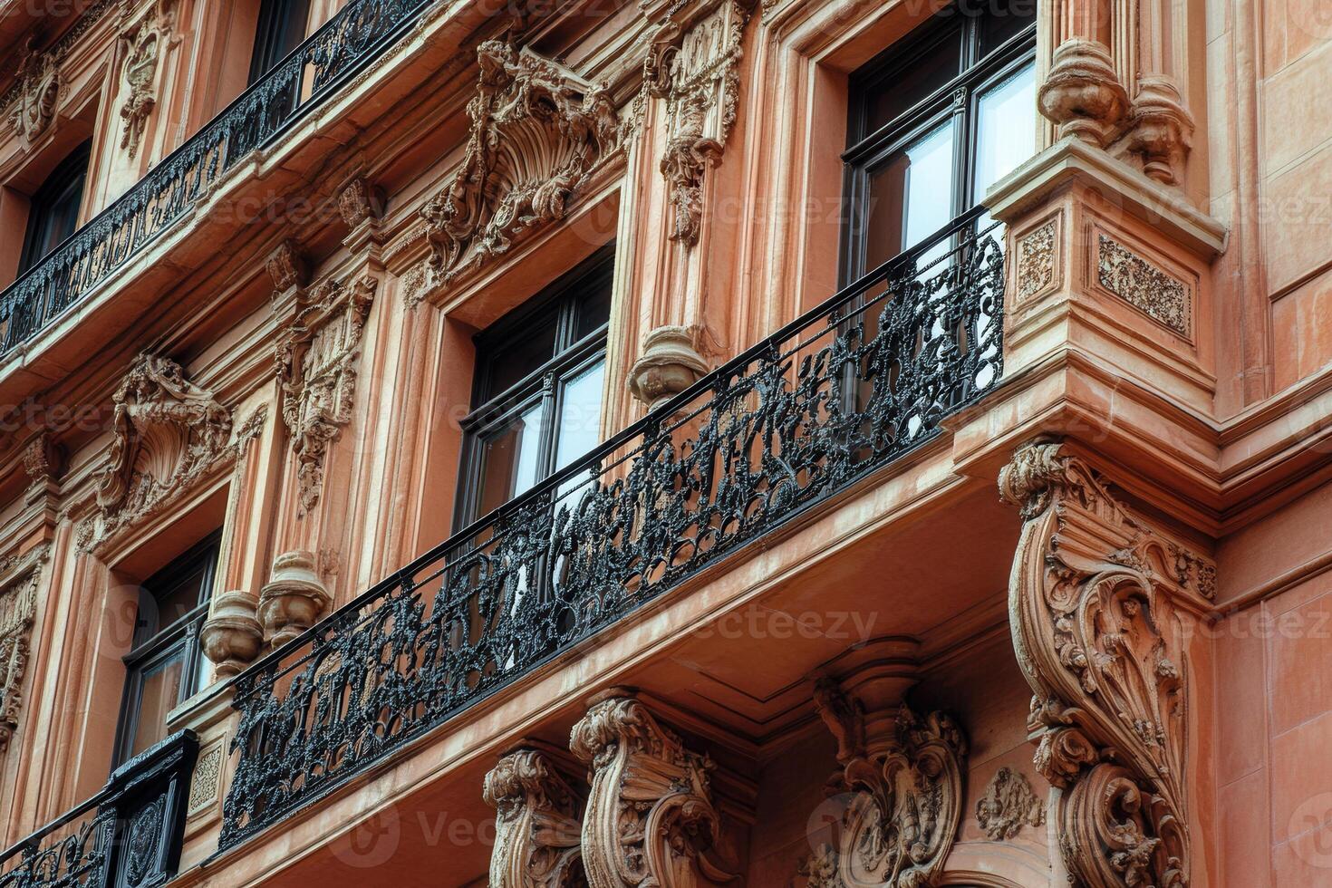 Close-up of an ornate balcony on a historic building. photo