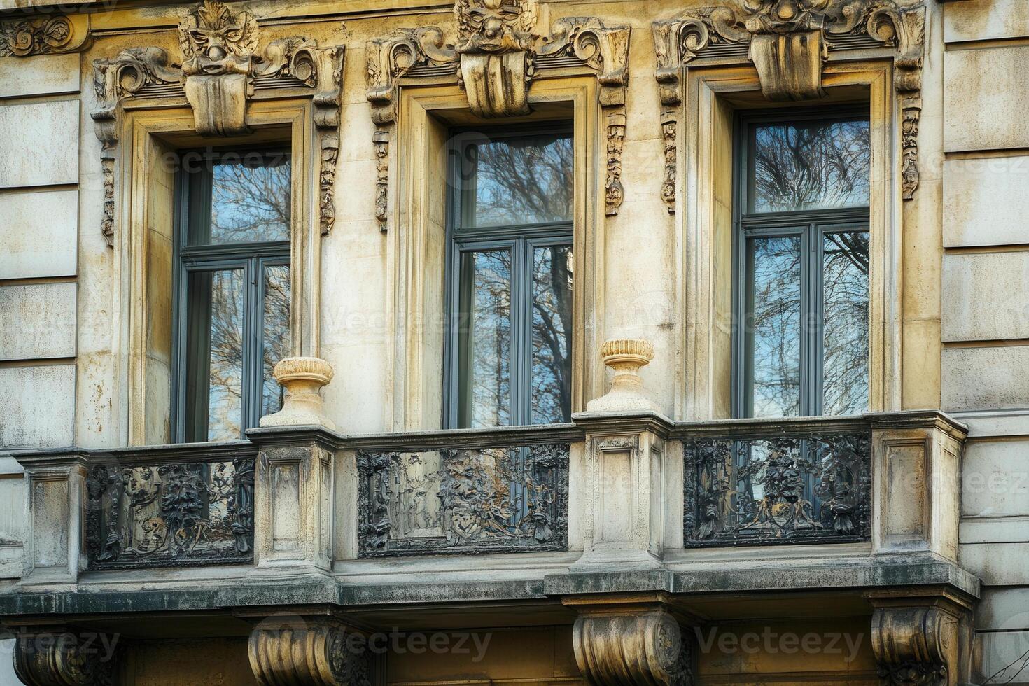 Three windows with ornate trim and balcony. photo