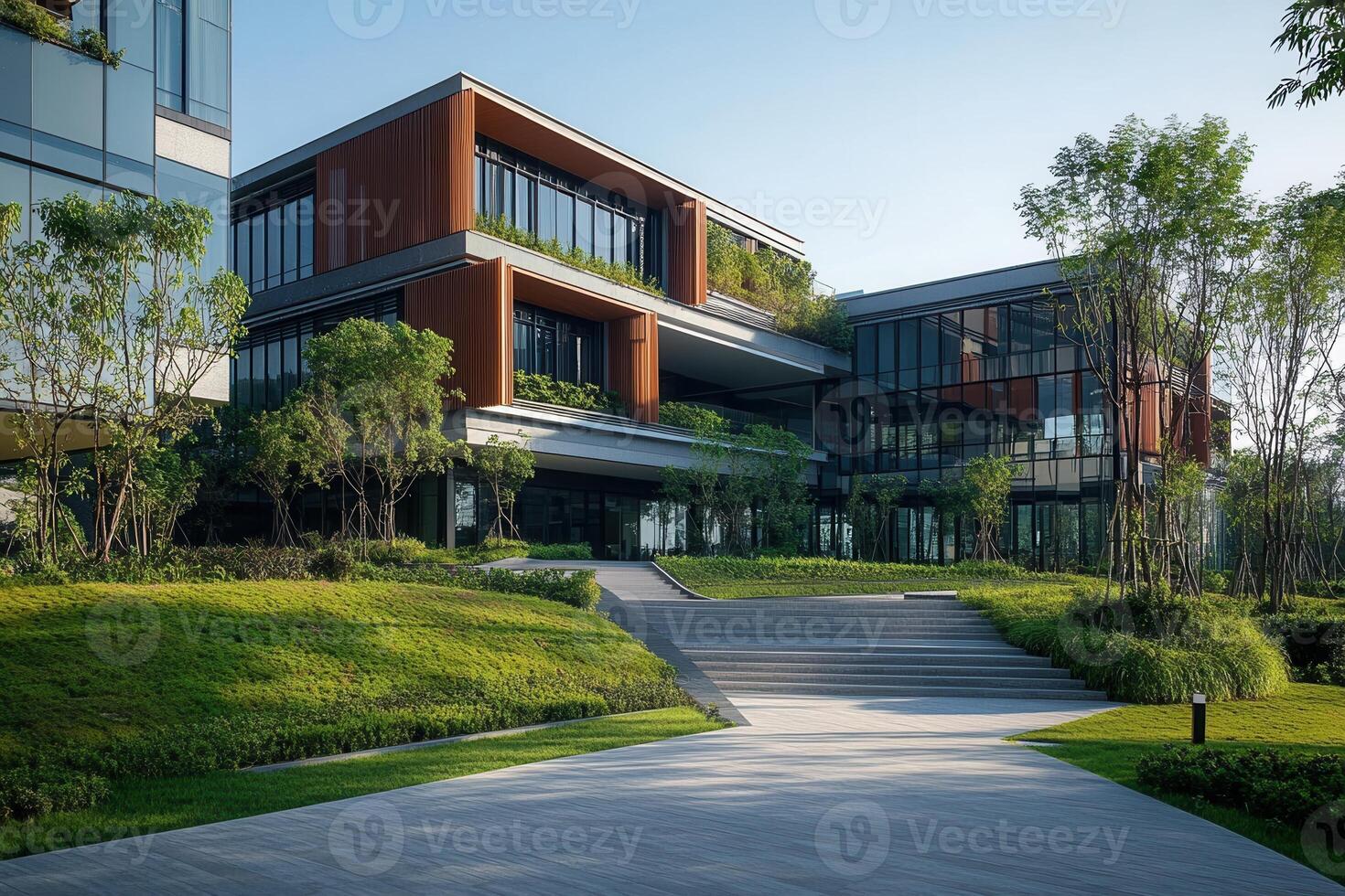 Modern office building with landscaped grounds and a walkway leading to the entrance. photo