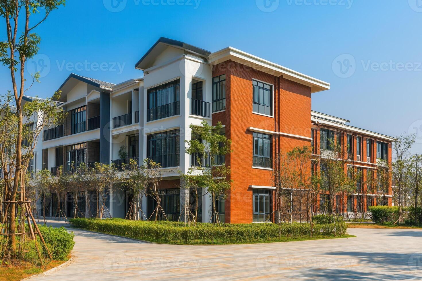 Modern townhouse complex with landscaped grounds. photo