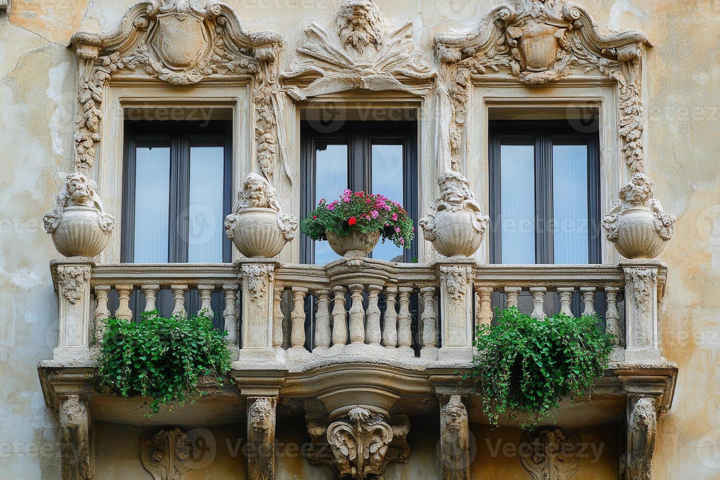 Ornate balcony with three windows and potted plants. photo