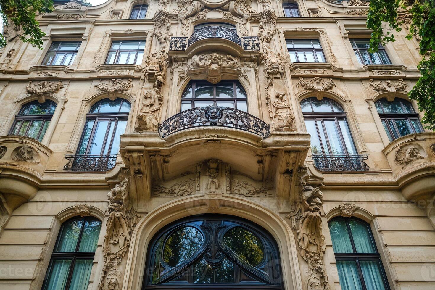 Ornate facade of a building with a balcony and a large door. photo