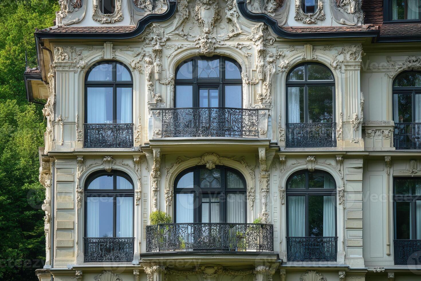Ornate facade of a building with balconies and arched windows. photo