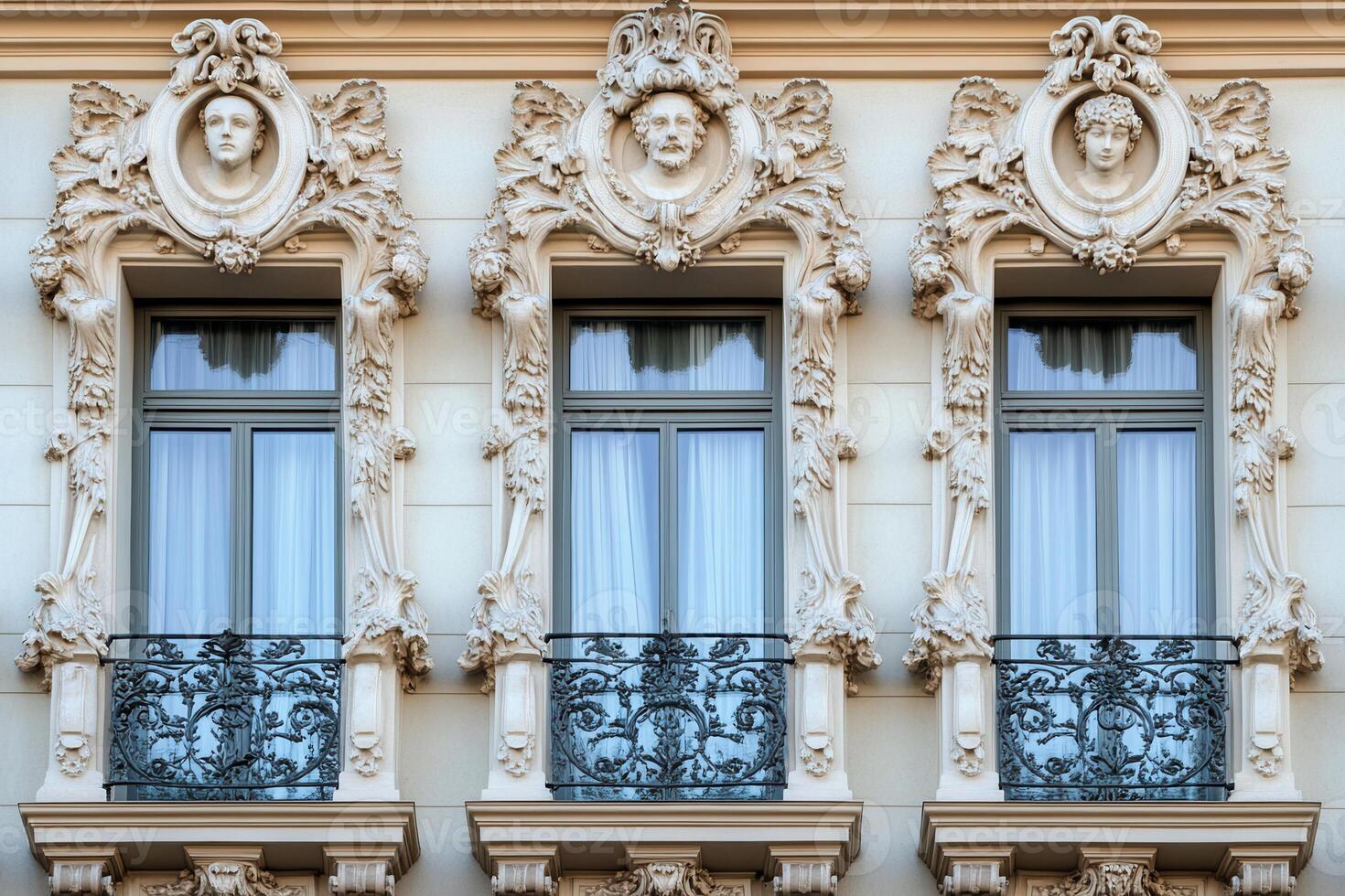 Three ornate windows with balconies on a white building facade. photo