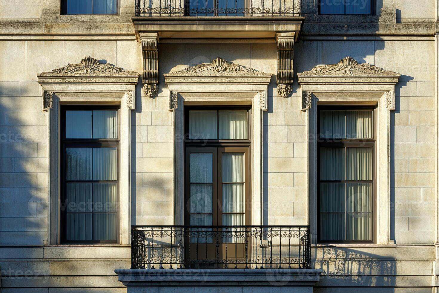 Three windows and a balcony on a stone building facade. photo