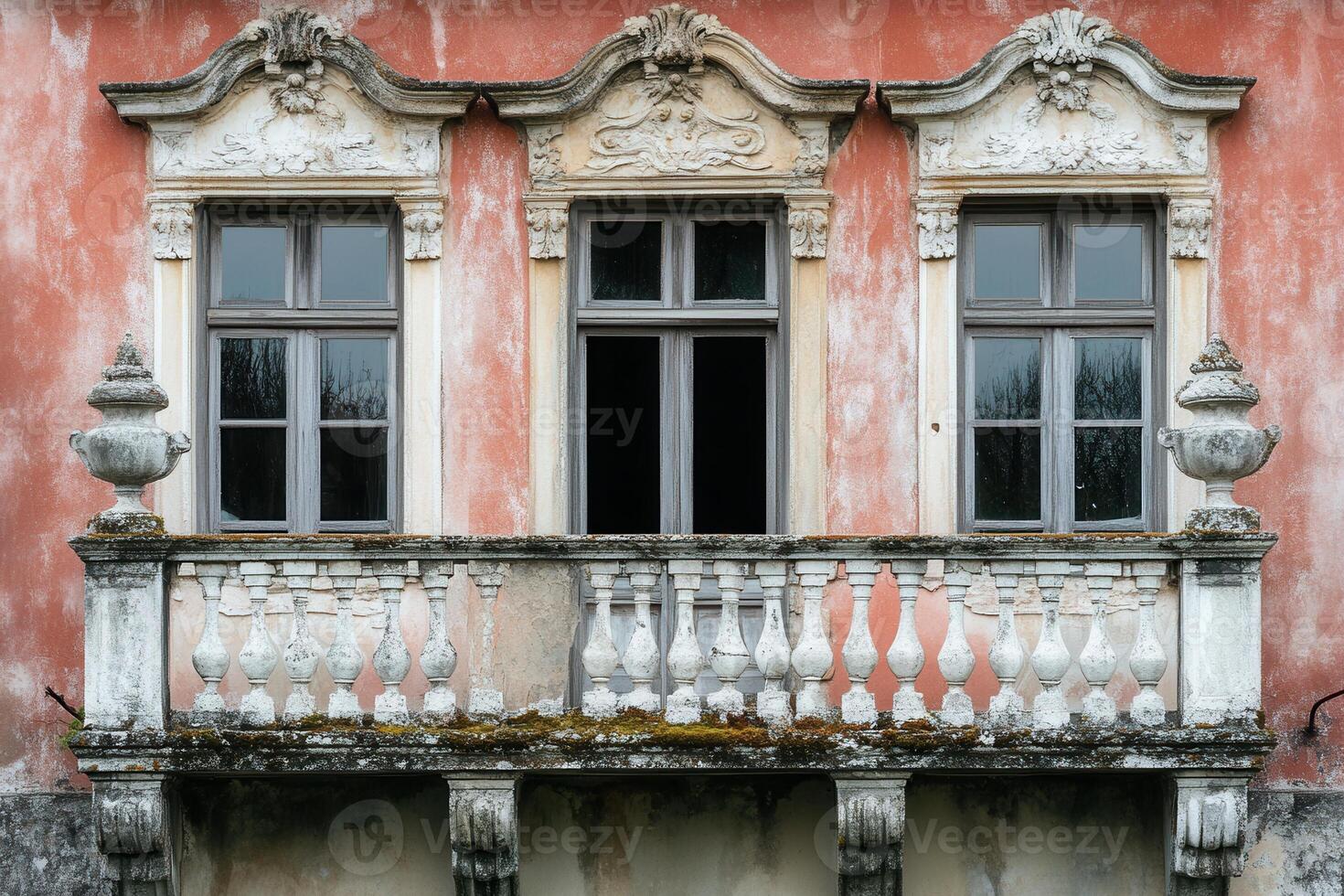 Three windows with ornate trim and a balcony on a pink building. photo