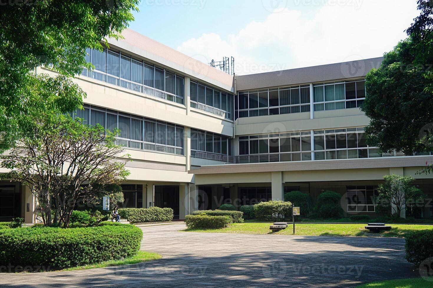 Modern school building with lush greenery. photo