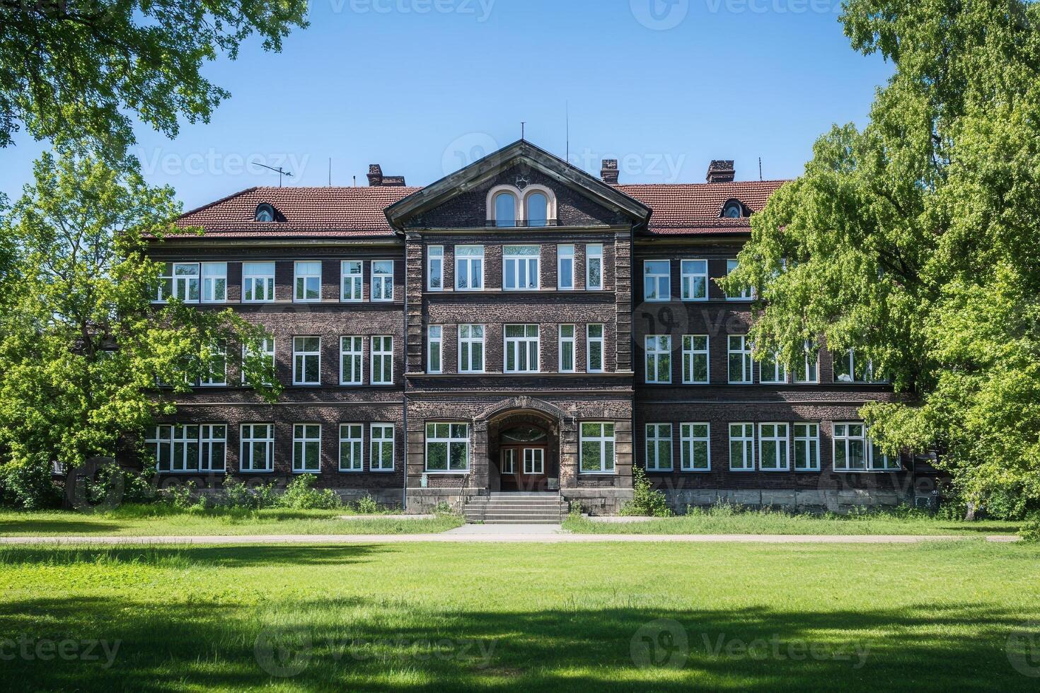 Historic brick building with symmetrical facade and green lawn. photo