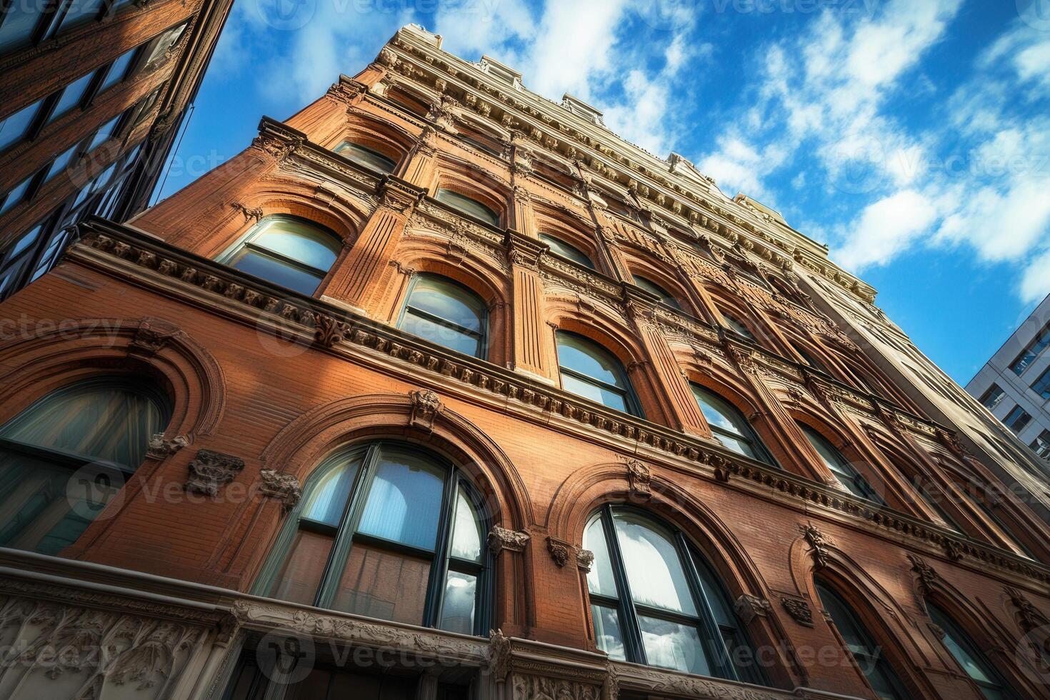 Low angle view of an old brick building with arched windows against a blue sky. photo