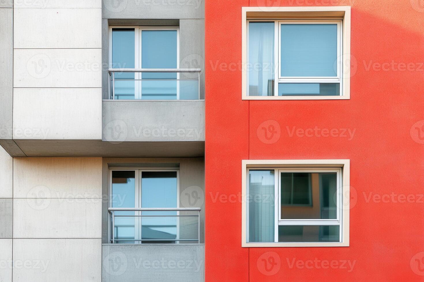 Modern building facade with red and grey walls and windows. photo