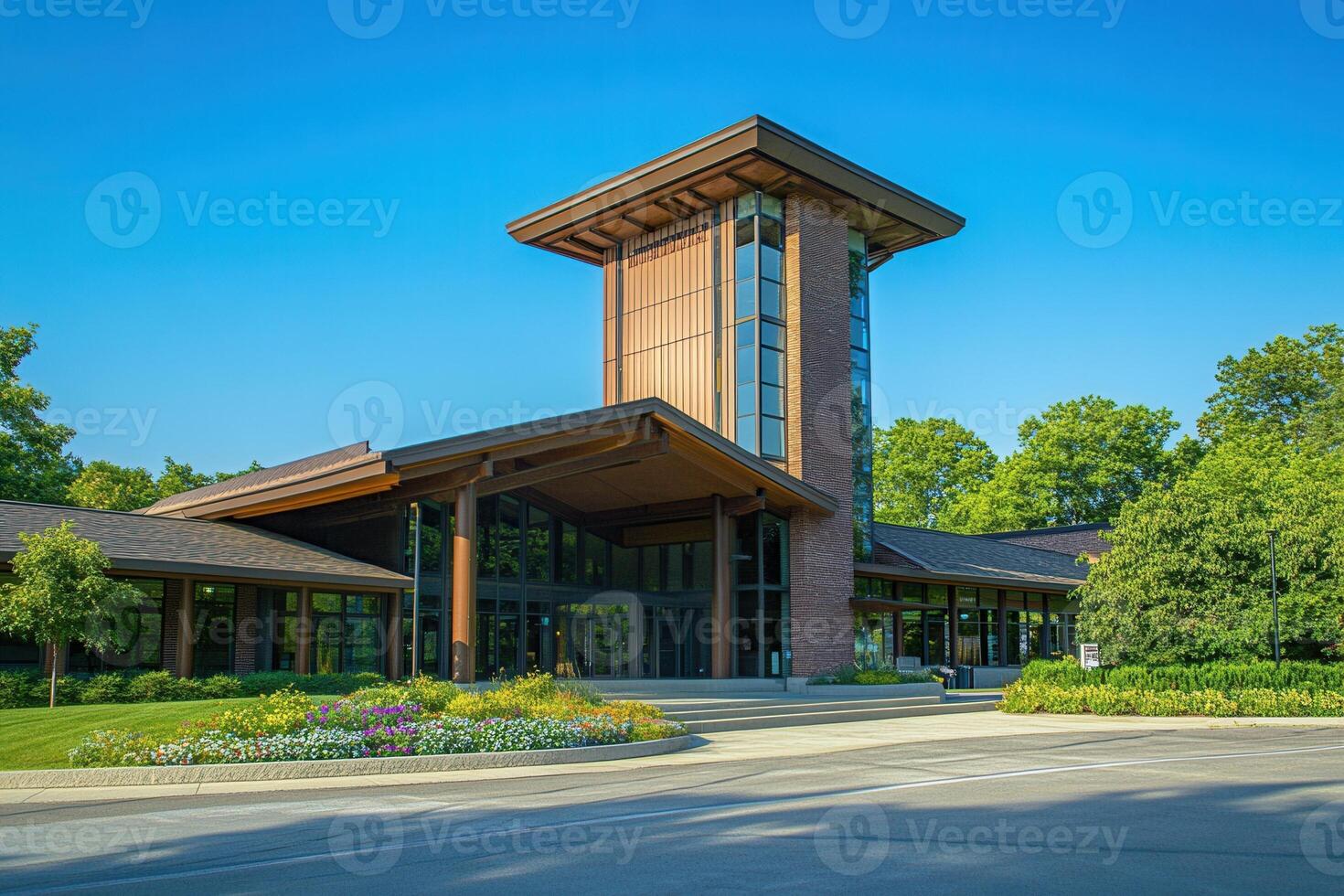 Modern building with a tower and an entrance with a canopy. photo