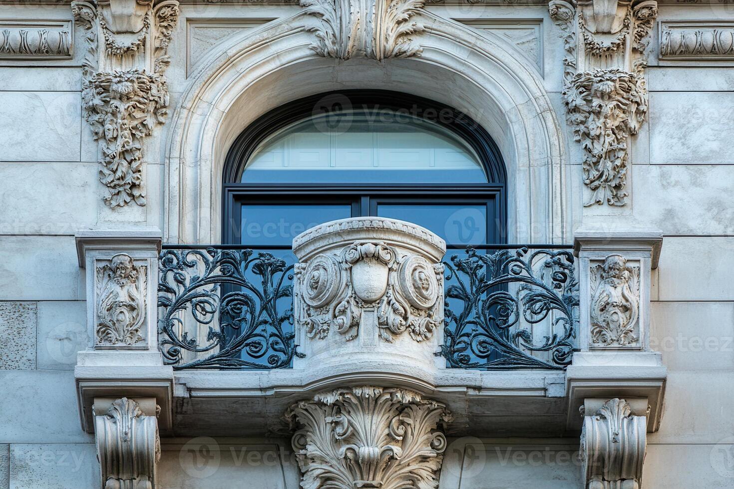 Ornate balcony with wrought iron railing and arched window on a historic building. photo