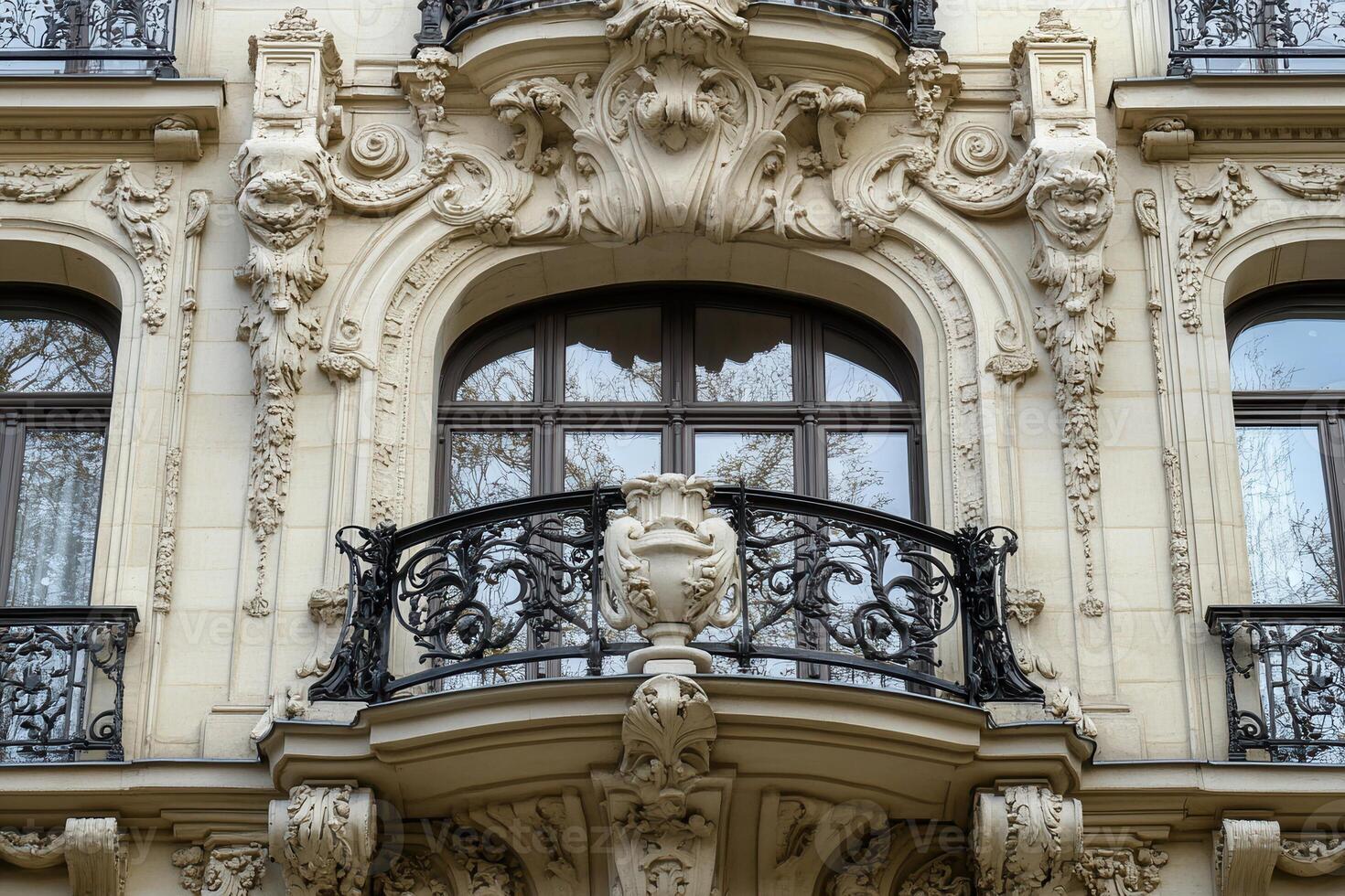 Ornate balcony with wrought iron railing and arched windows on a historic building. photo