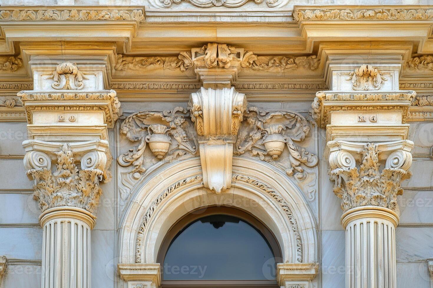 Ornate architectural detail above a doorway with columns and an arched window. photo