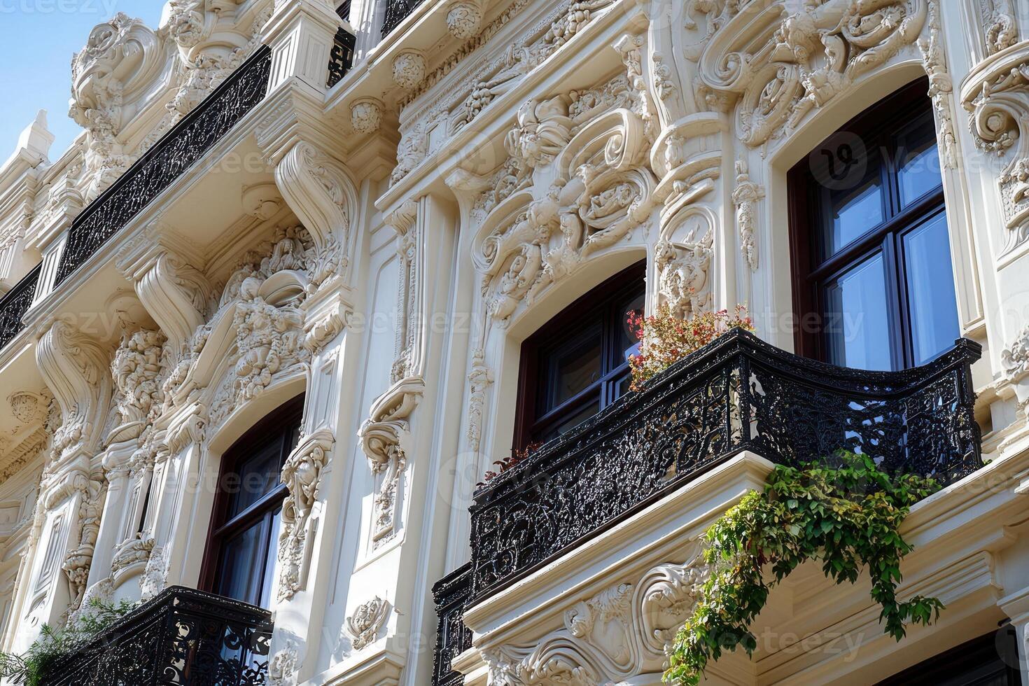 Ornate facade of a historic building with balconies and intricate detailing. photo