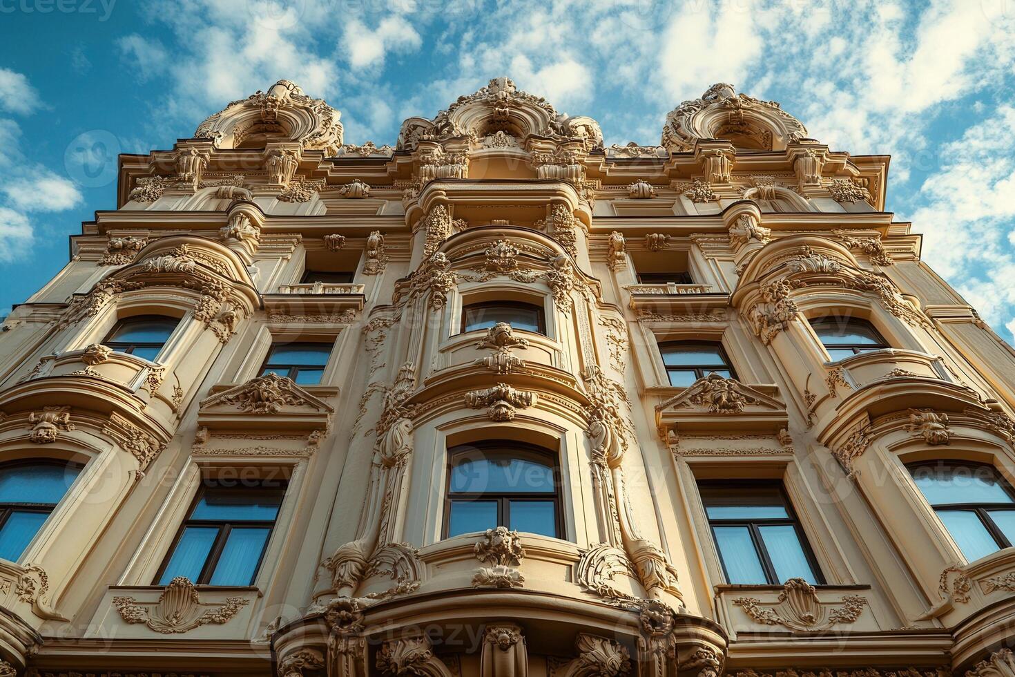 Ornate facade of a historic building with intricate details and a clear blue sky. photo