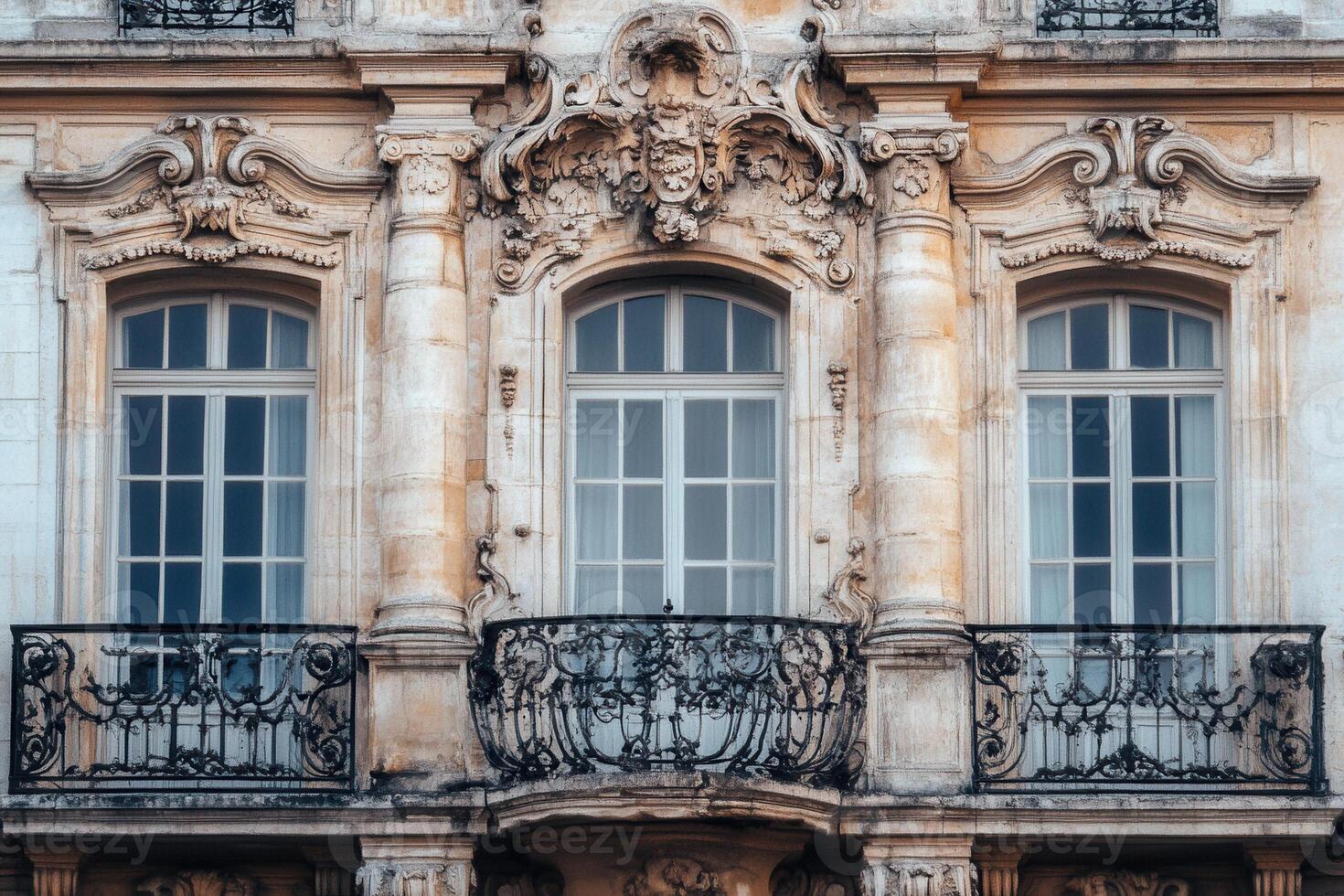 Ornate facade with three windows and a balcony. photo