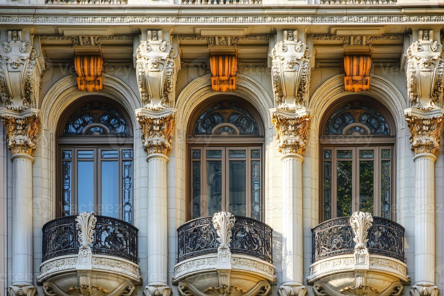 Ornate facade with three arched windows and balconies. photo