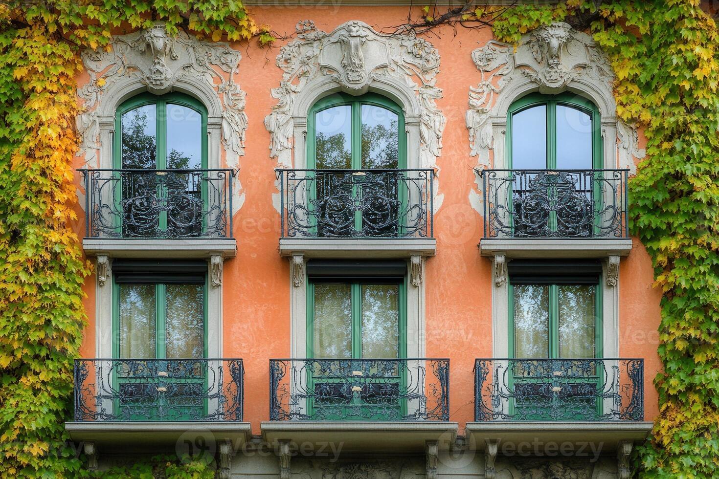 Three ornate balconies with green windows and railings on an orange building covered in ivy. photo