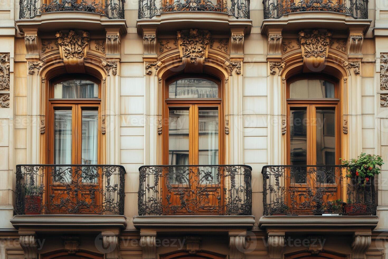 Three ornate balconies with wooden doors and wrought iron railings on a historic building facade. photo